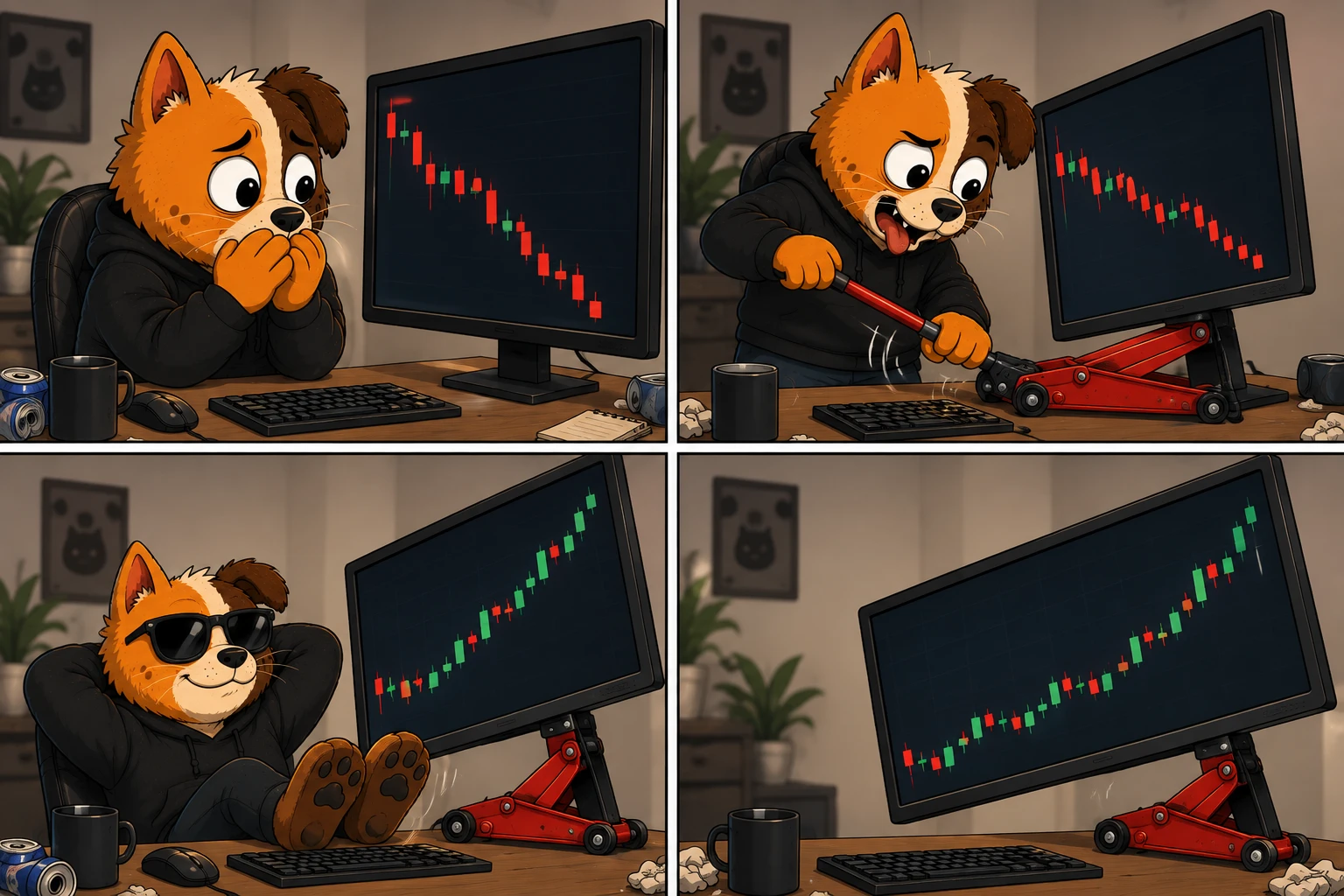 MEOG uses a car jack to tilt a falling chart upward.