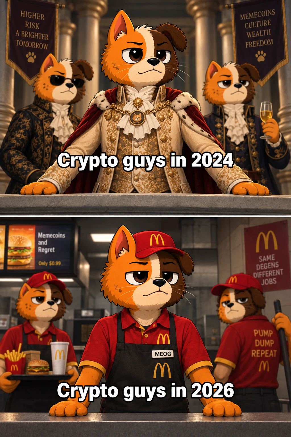 Crypto guys in 2024 dressed as royalty and in 2026 working at a fast-food restaurant.